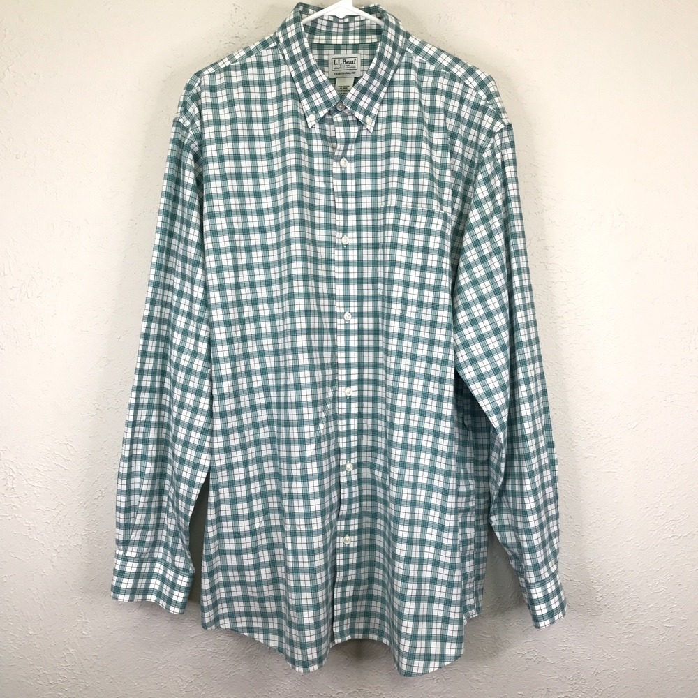 LL Bean Shirt Mens XL Traditional Fit Green White Plaid Button Down Cotton 28829